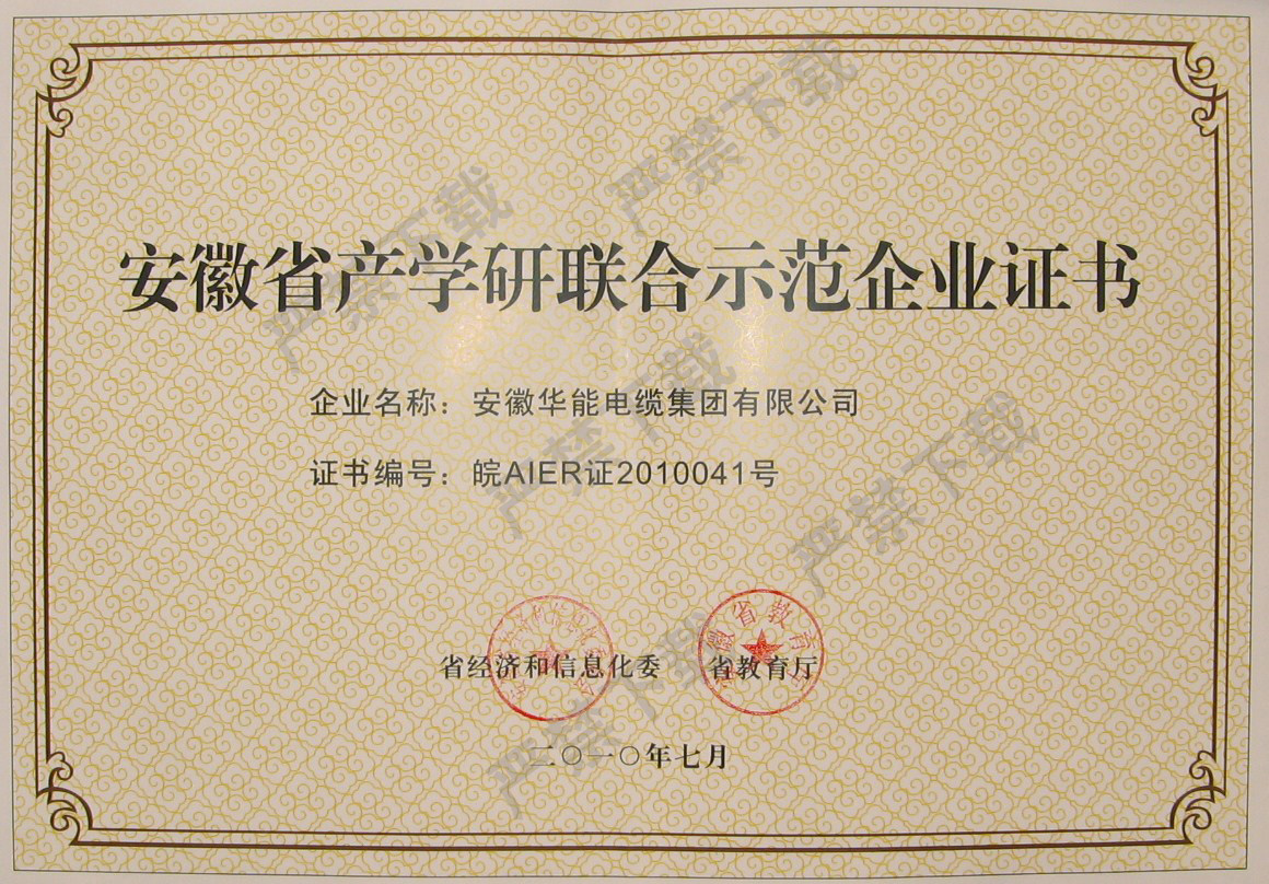 安徽省产学研联合示范企业证书