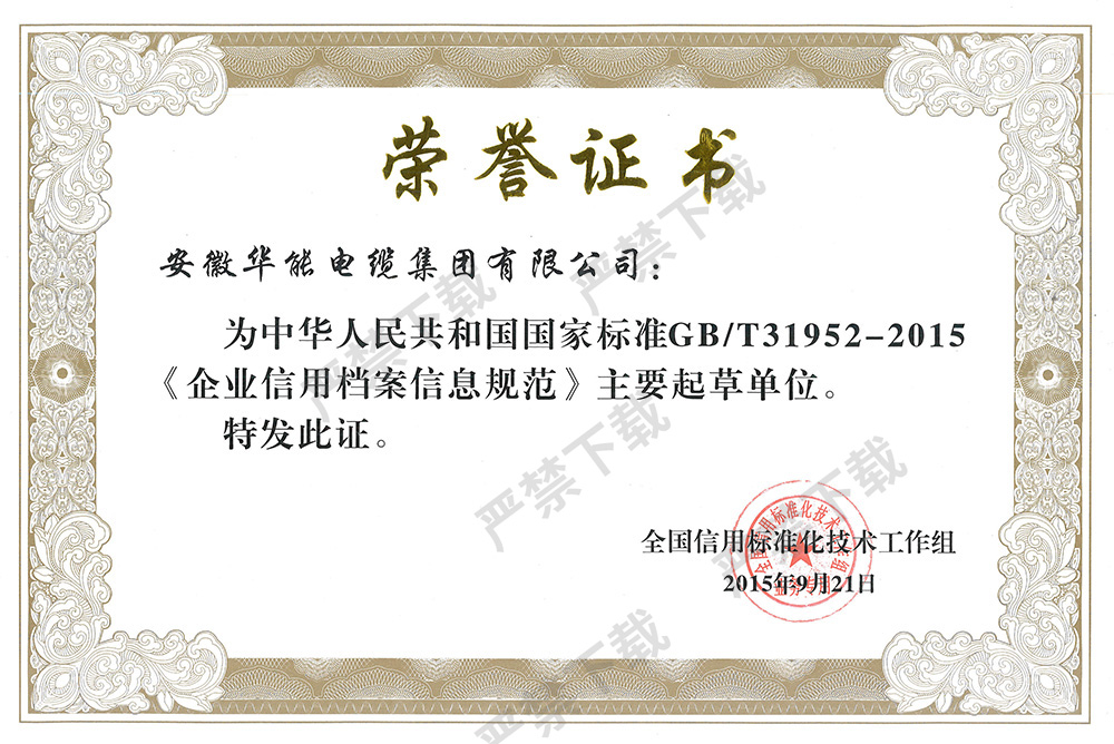 国家标准主要起草单位荣誉证书